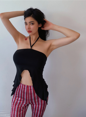 AMYJ 2021夏季 纯色细带挂脖露脐木耳边吊带 欧美性感设计感抹胸