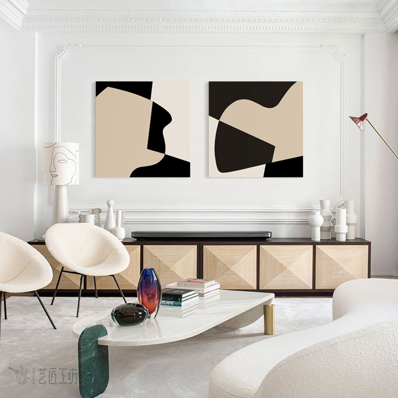艺匠客厅双联抽象艺术装饰画极简色块挂画法式奶油风沙发背景墙画图片
