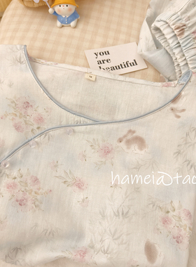 『蓝鸢花兔』新中式国风纯棉棉纱甜美七分袖睡衣套装女春夏家居服