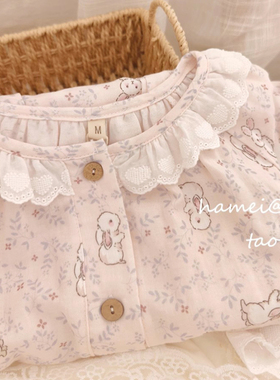 【丛林小兔】柔软纯棉纱布甜美透气睡衣女款短袖家居服套装春夏款