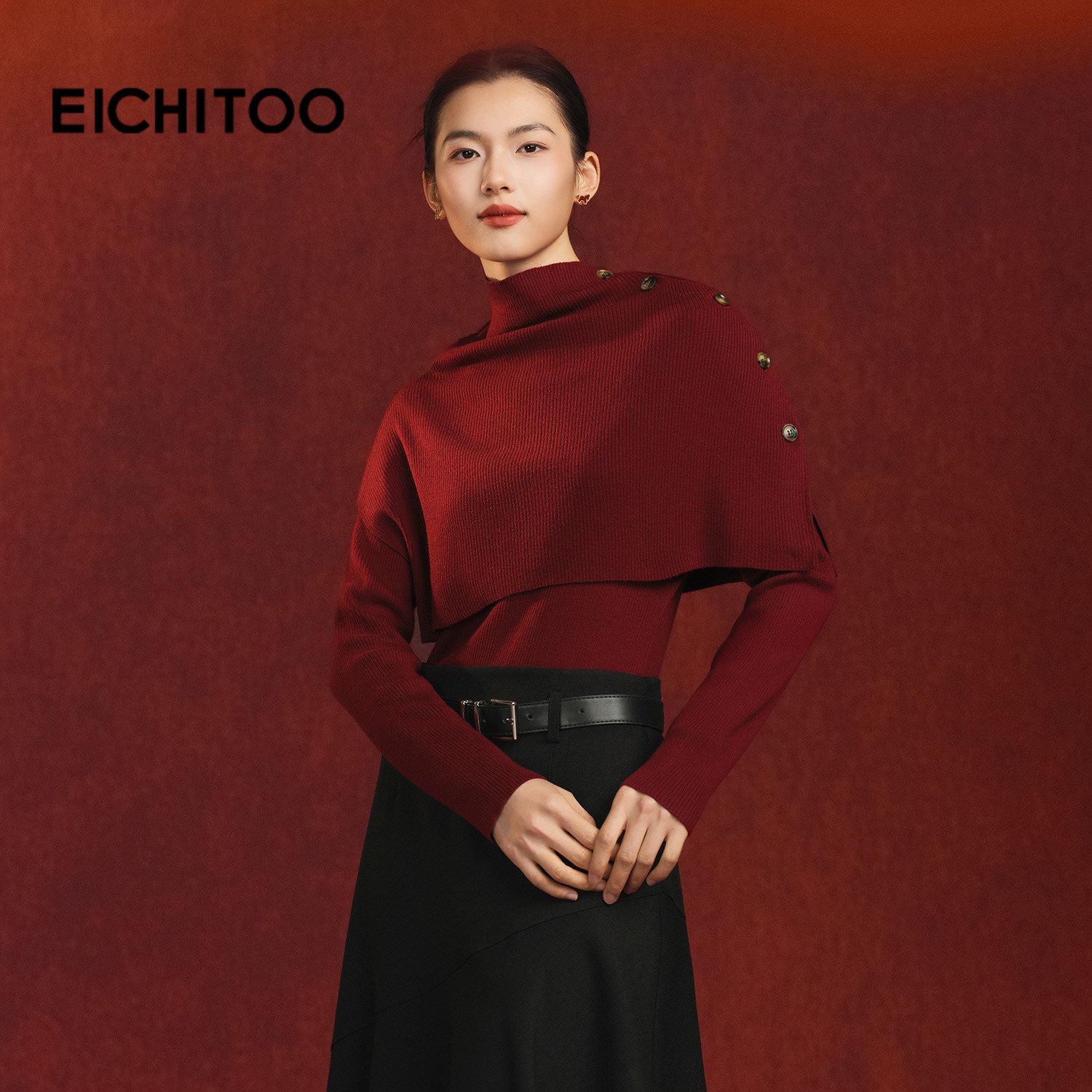 爱居兔氛围感针织衫女2026年春季新款设计感高领披肩两件式上衣