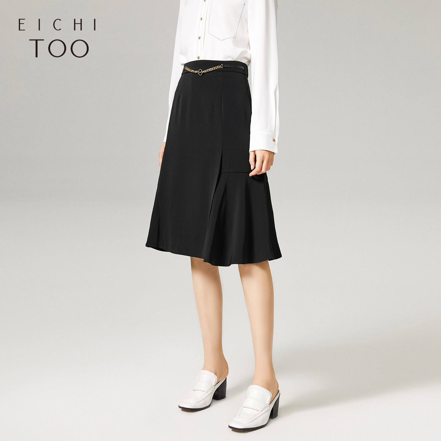 爱居兔女装春季新款时尚黑色水滴裙子雪纺a字中长款半身裙