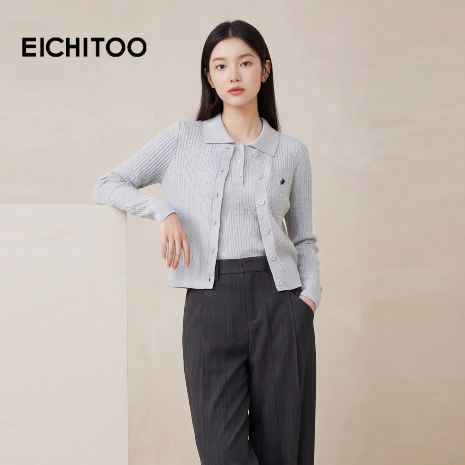 爱居兔两件式针织衫女2026年春季新款圆领开衫搭翻领背心毛衣套装