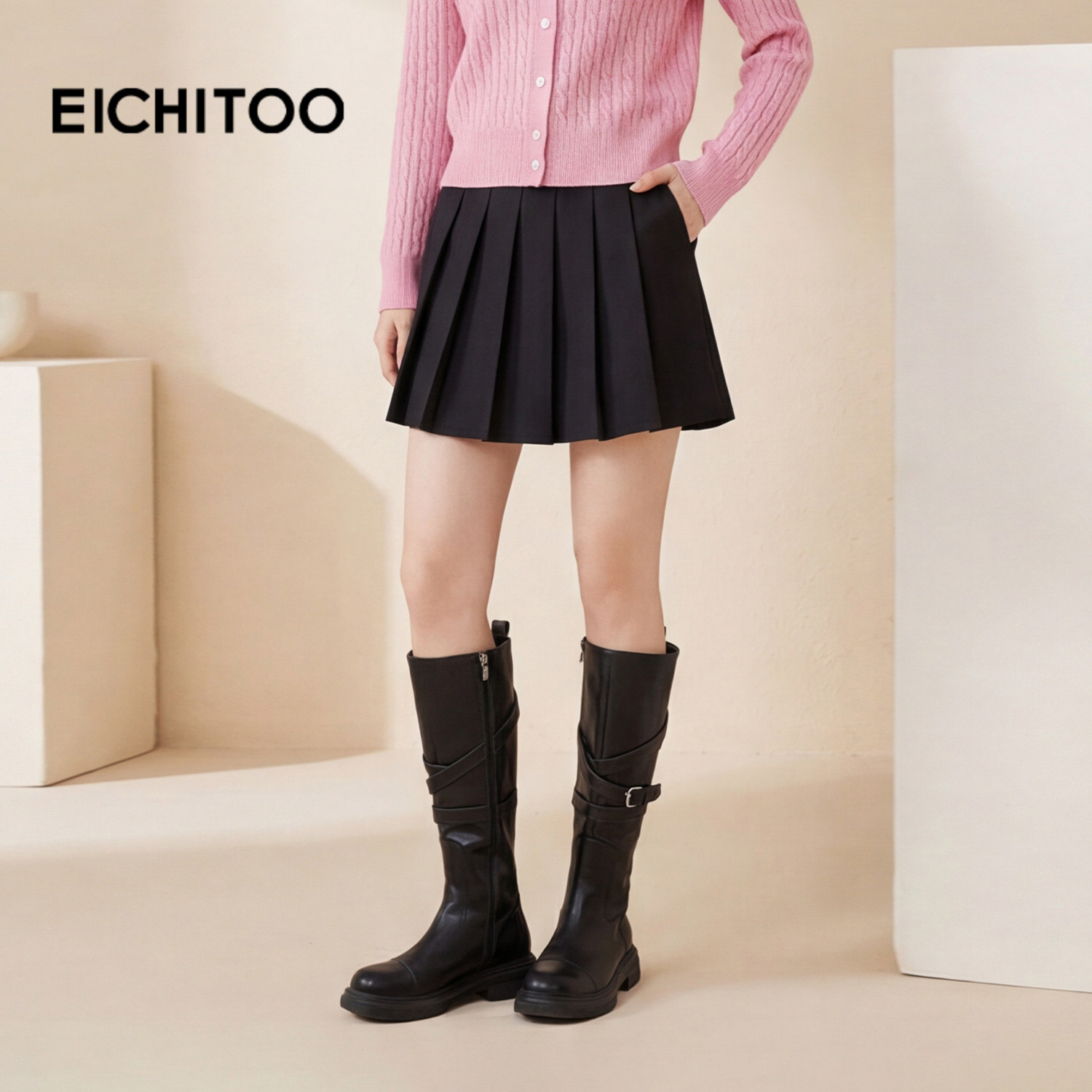 爱居兔春季新品立体蝴蝶结装饰百褶裙纯黑A字裙