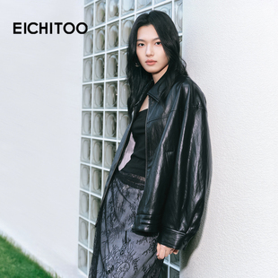 爱居兔气质翻领pu皮衣短外套女2026年春季 拉链机车风夹克上衣 新款