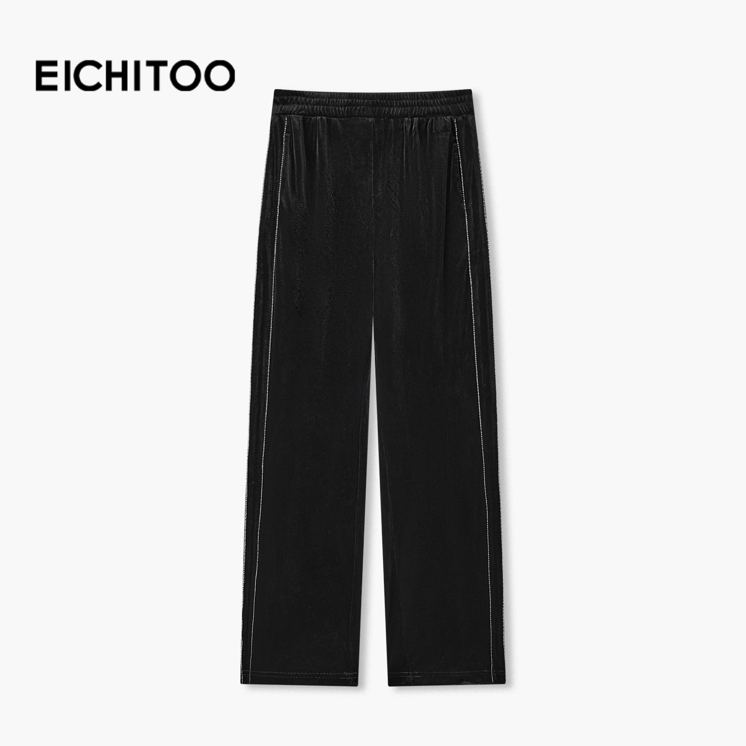 爱居兔黑色丝绒阔腿裤女春秋新款垂感松紧腰遮肉显瘦休闲裤