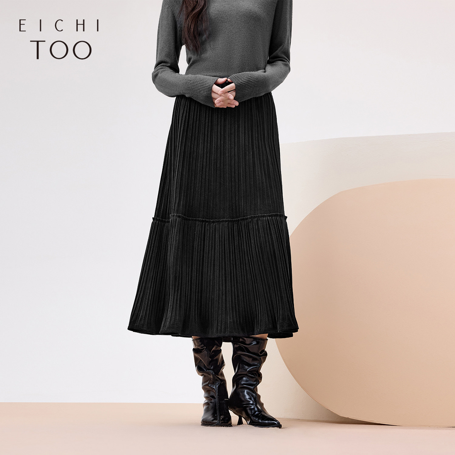 爱居兔丝绒半身裙女冬季新款时尚肌理感百褶裙