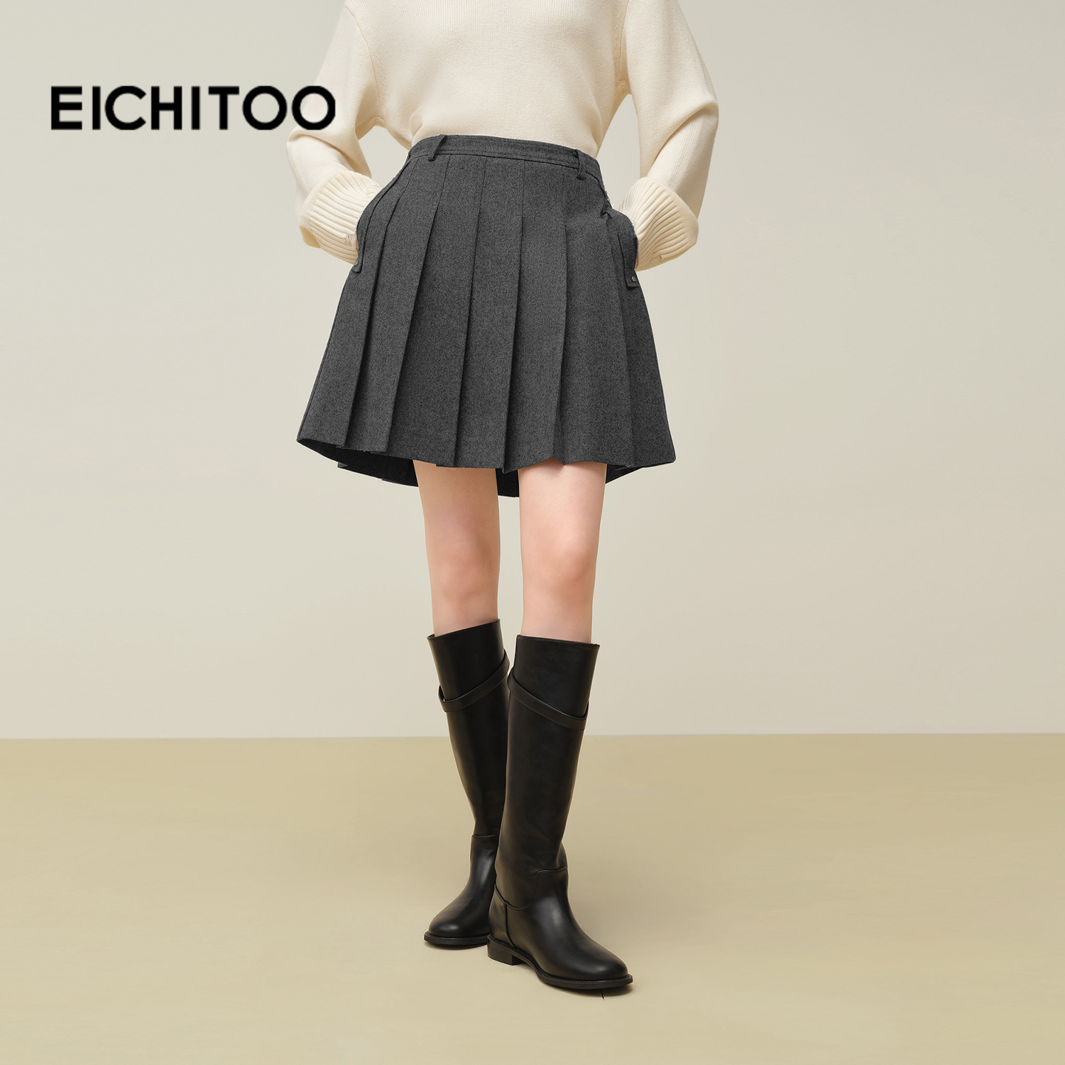 含羊毛高品质面料高级灰百搭百褶裙时尚减龄