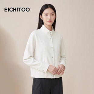 爱居兔立领休闲短外套女2026年春季新款简约宽松米白色花苞上衣