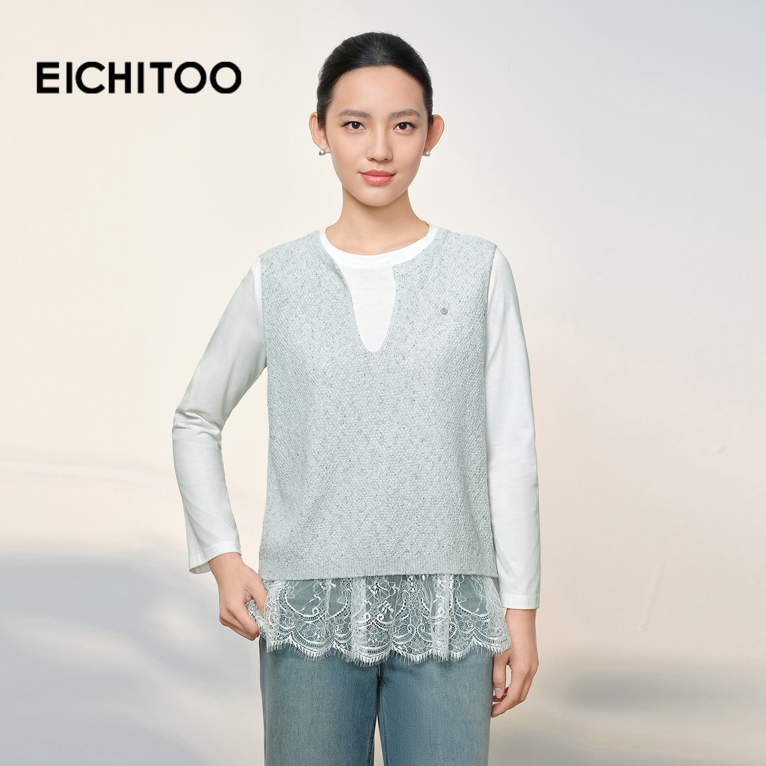 爱居兔真两件轻薄针织衫2026年春季新款女显瘦设计感长袖毛衣