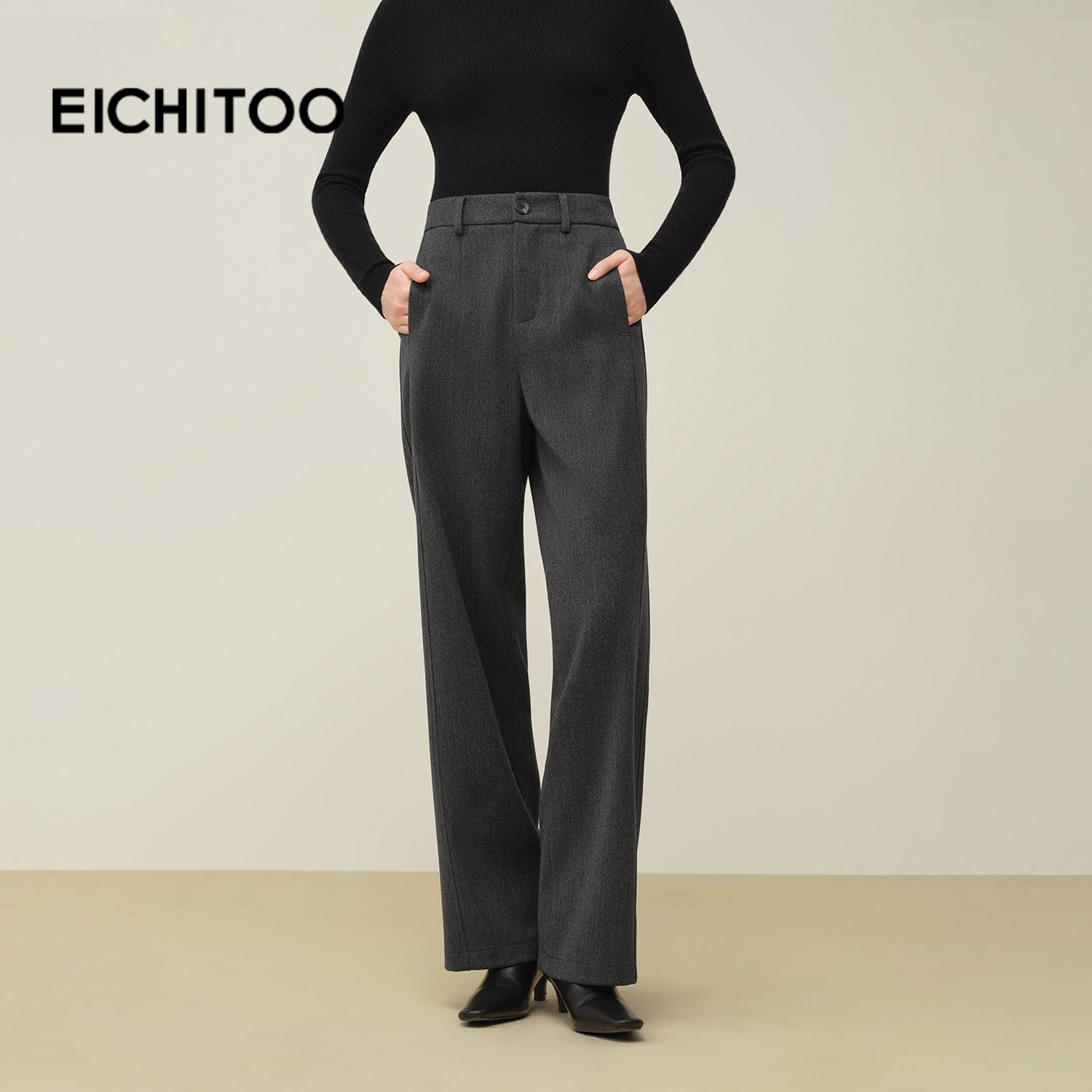 爱居兔挺括西装毛呢休闲裤2025年冬季新款女气质通勤阔腿裤