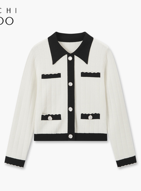 爱居兔秋季新款小香风纯白仿珍珠纽扣黑白撞色设计时尚针织衫