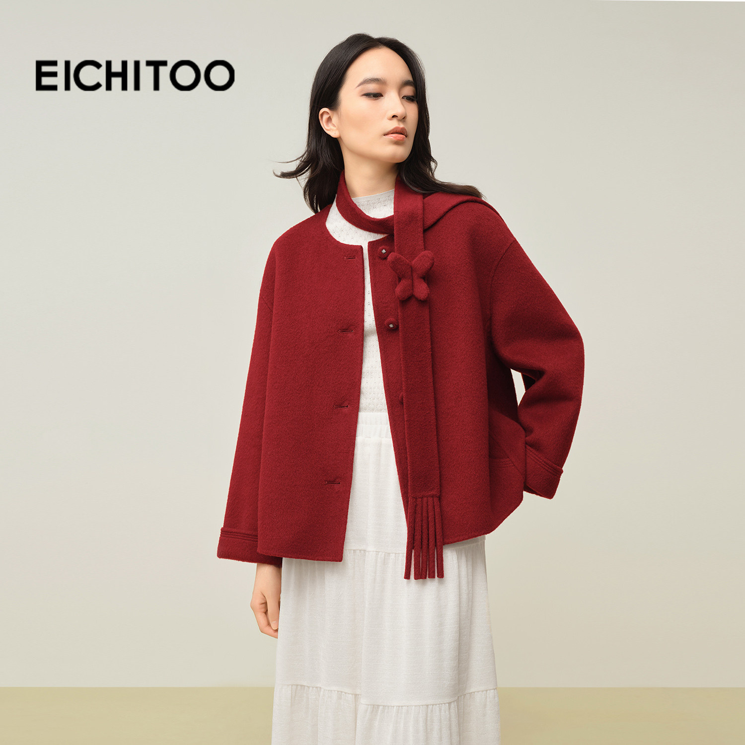 爱居兔氛围感红显白双面呢大衣2025年冬季新款女遮肉保暖外套