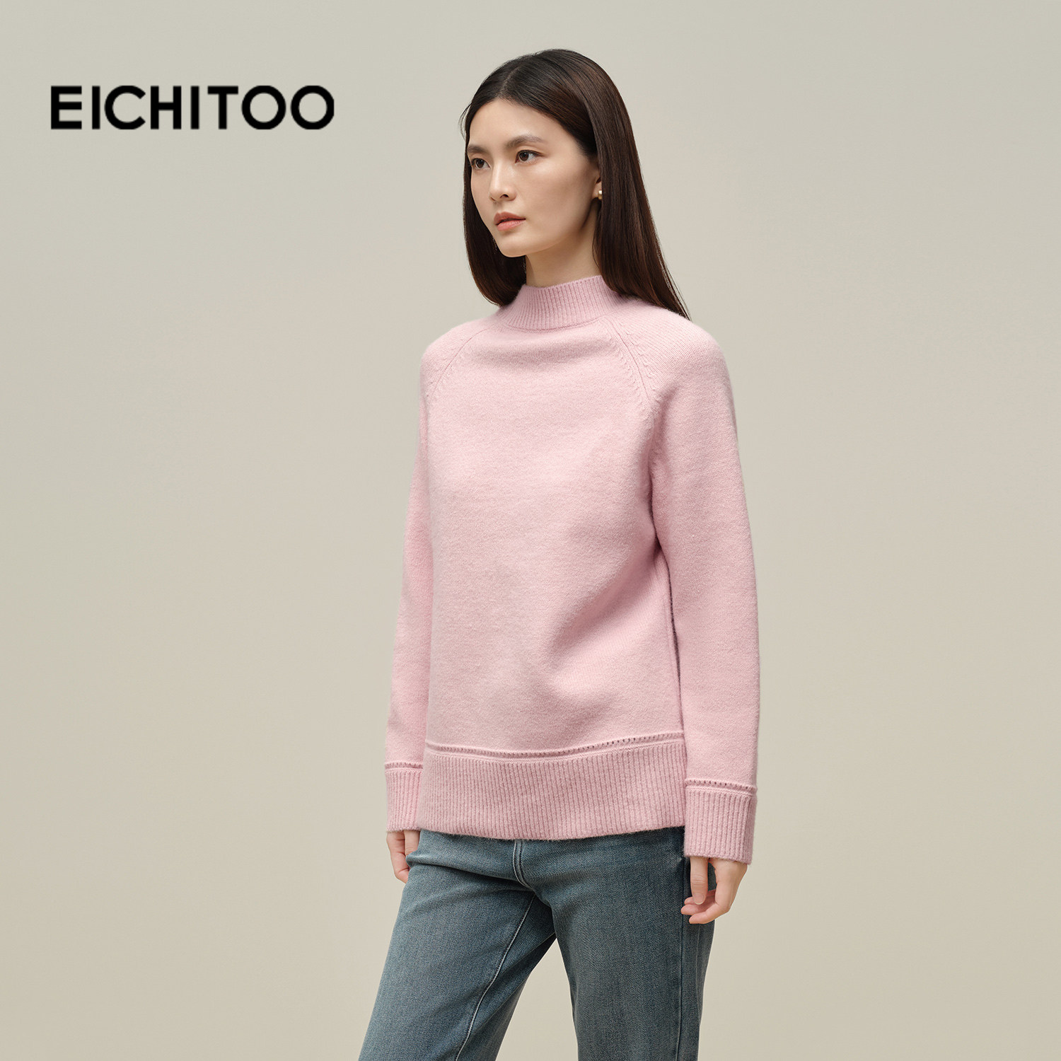 爱居兔半高领纯色套头针织衫女2025年冬季新款插肩袖宽松保暖毛衣