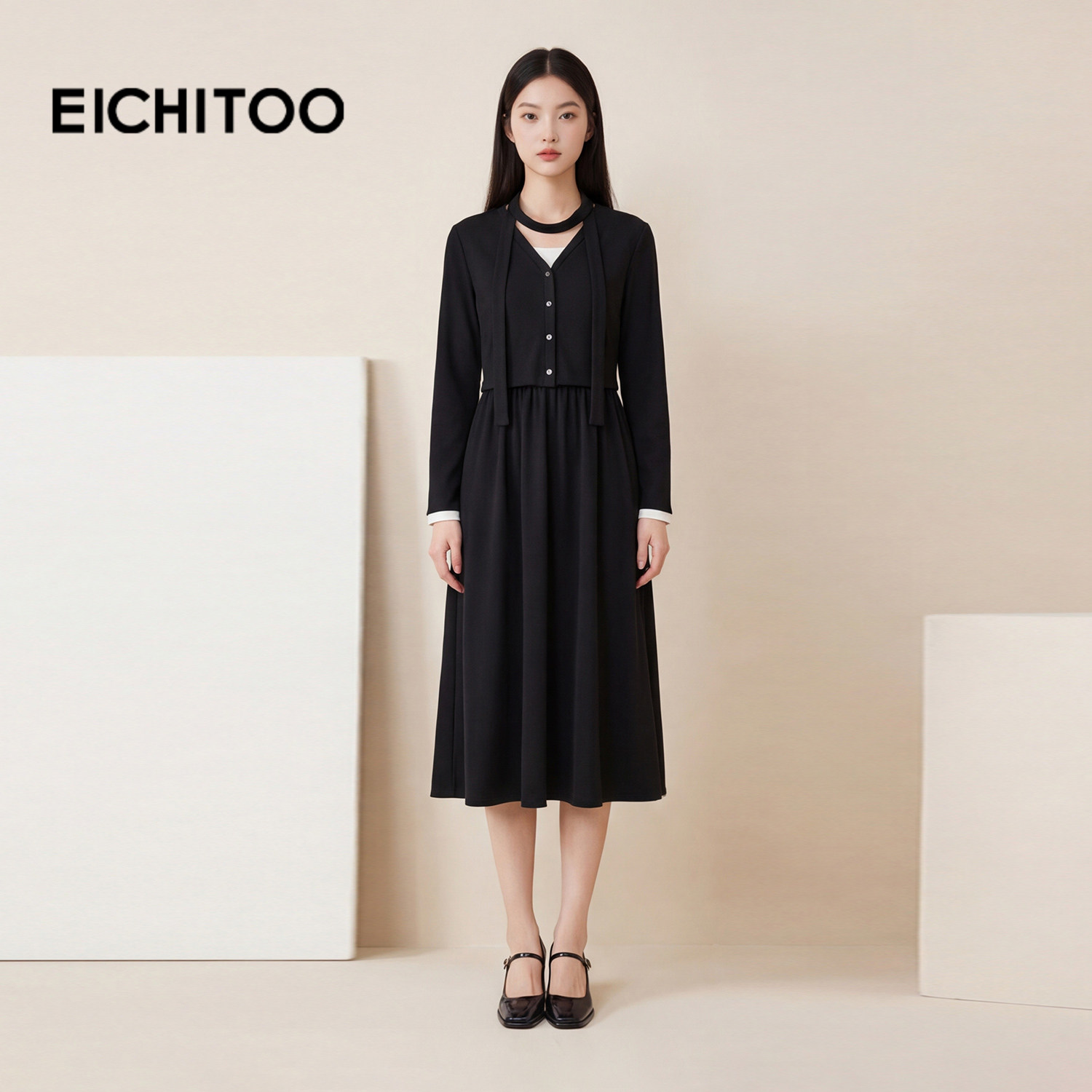 爱居兔时尚两件式连衣裙女春秋新款经典黑白撞色连衣裙套装