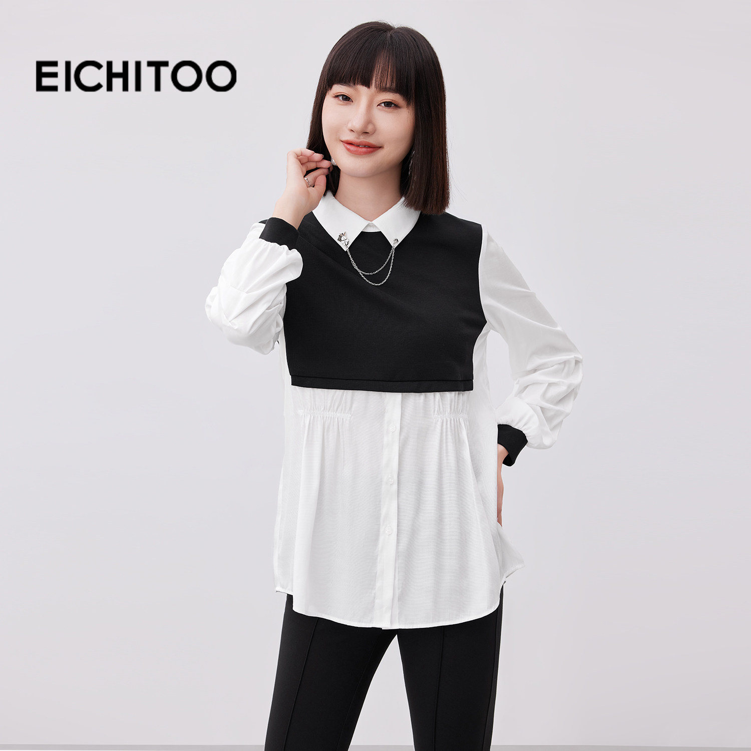 爱居兔黑白撞色设计感长袖衬衫女2026年春季新款翻领雪纺衫上衣