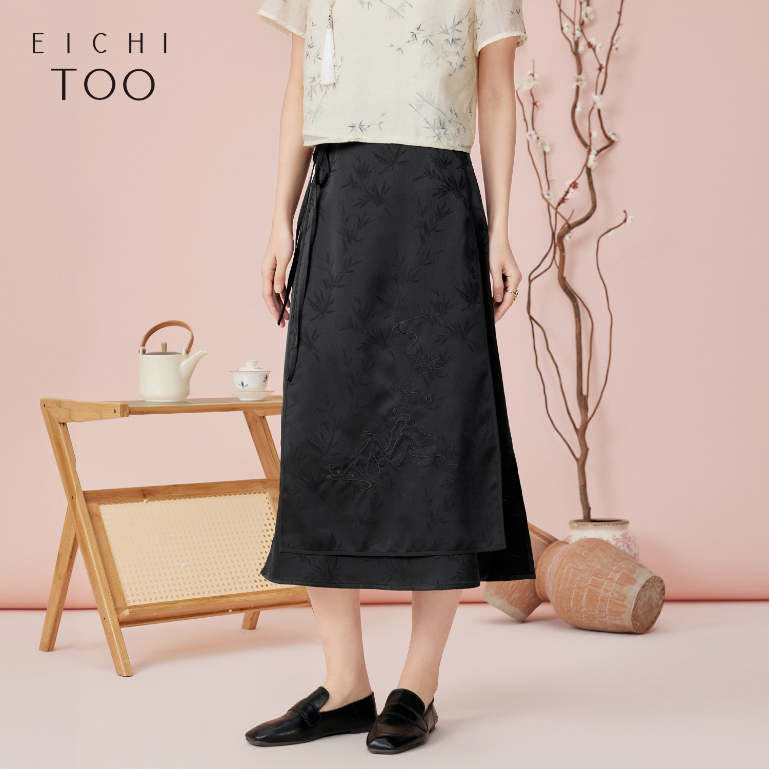 爱居兔夏季新款新中式复古时尚半身裙显瘦小黑裙