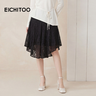 单裙裙子 黑色不规则中长款 爱居兔蕾丝半身裙女春秋新款 时尚