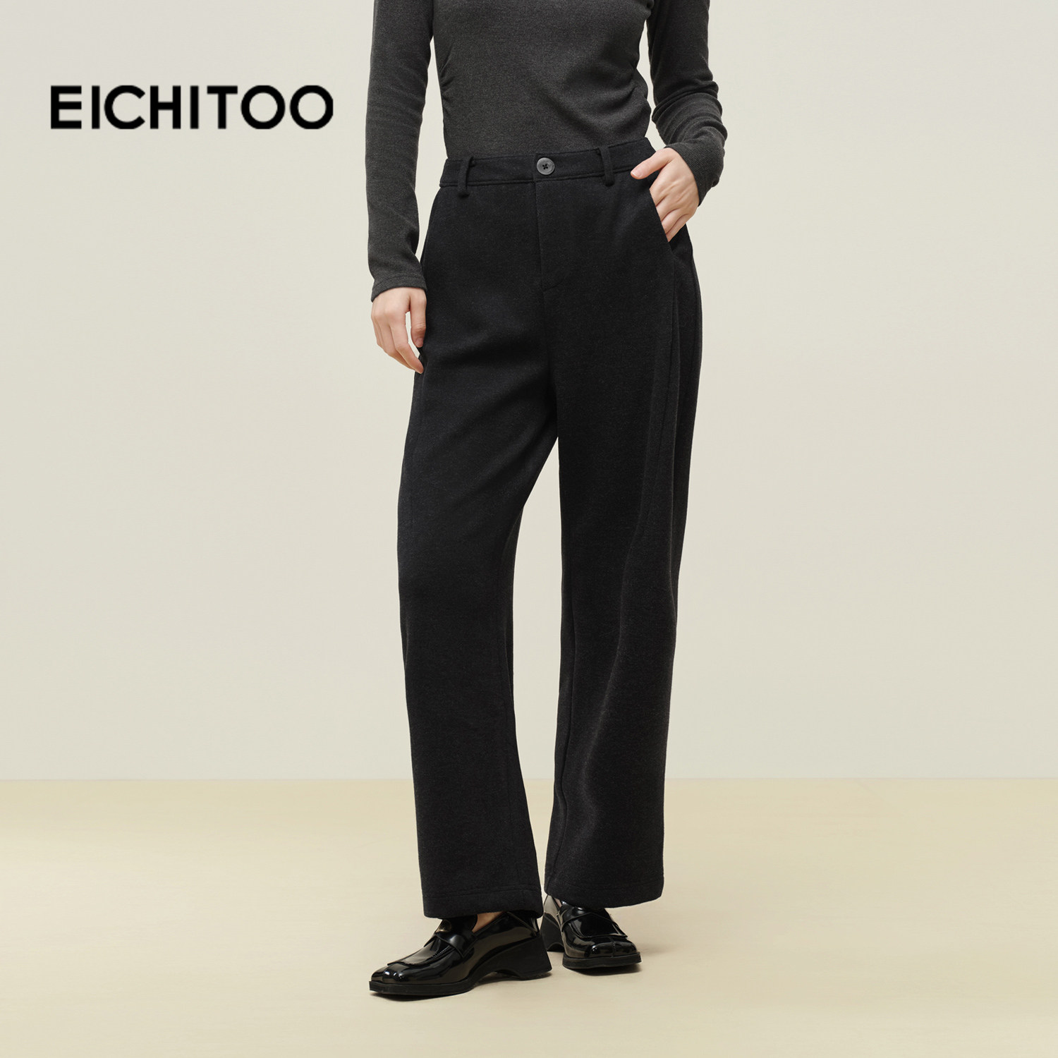 爱居兔含羊毛针织休闲裤2025年冬季新款女藏青显瘦弯刀裤哈伦裤