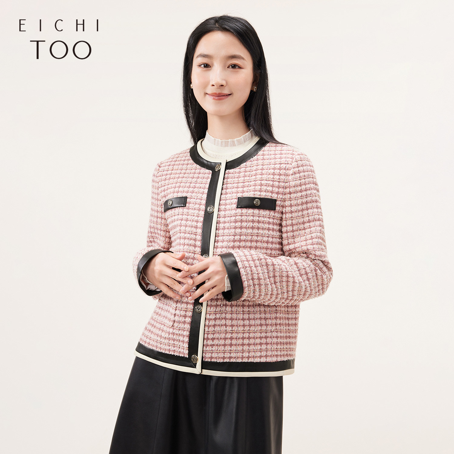 爱居兔秋季新款圆领小香风拼皮设计复古气质短外套