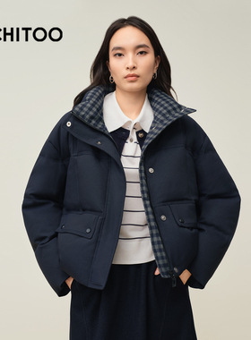 爱居兔藏青色短款羽绒服女2025年冬季新款设计感格纹面包服外套