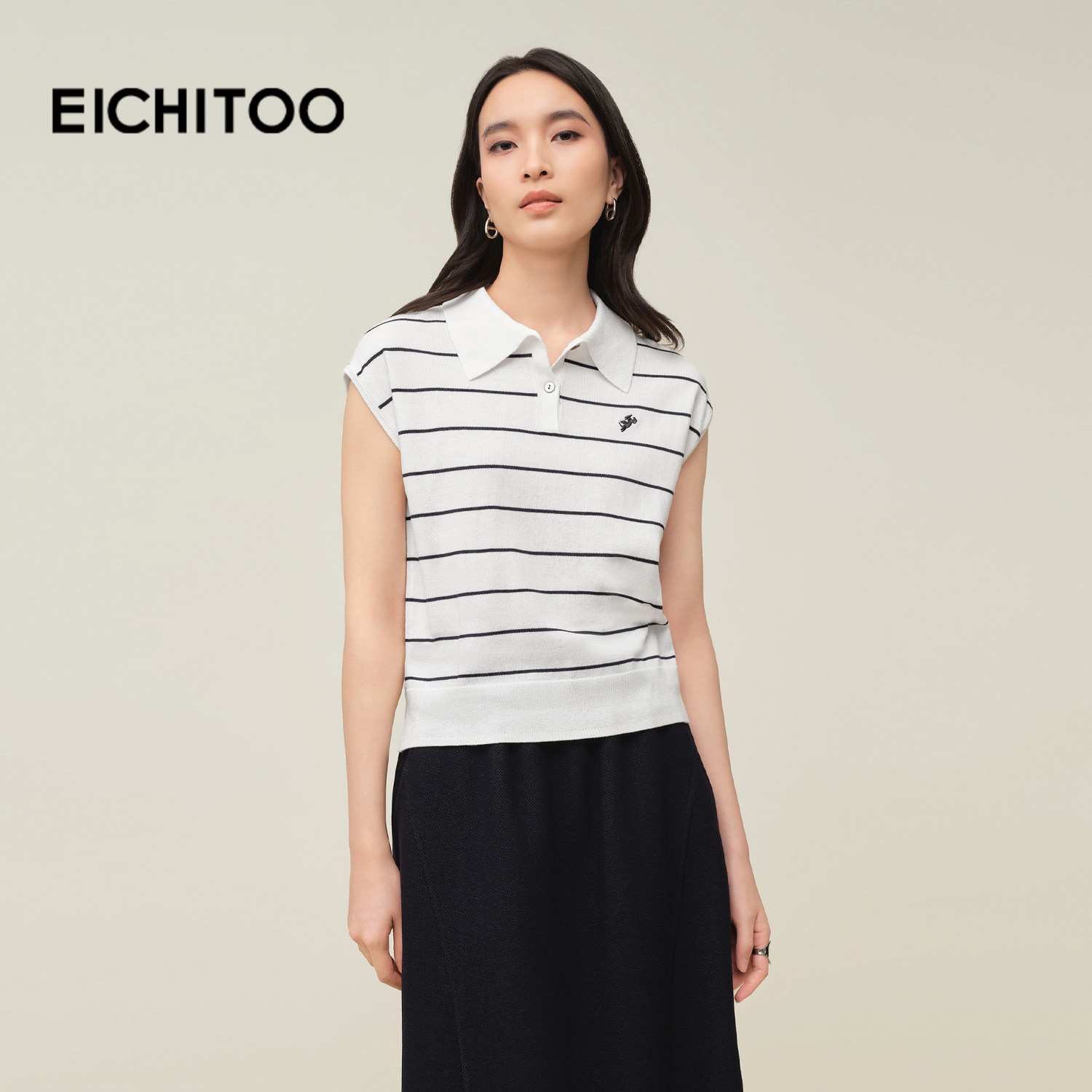 爱居兔天丝亚麻POLO领条纹针织衫女2025年秋季新款百搭短袖上