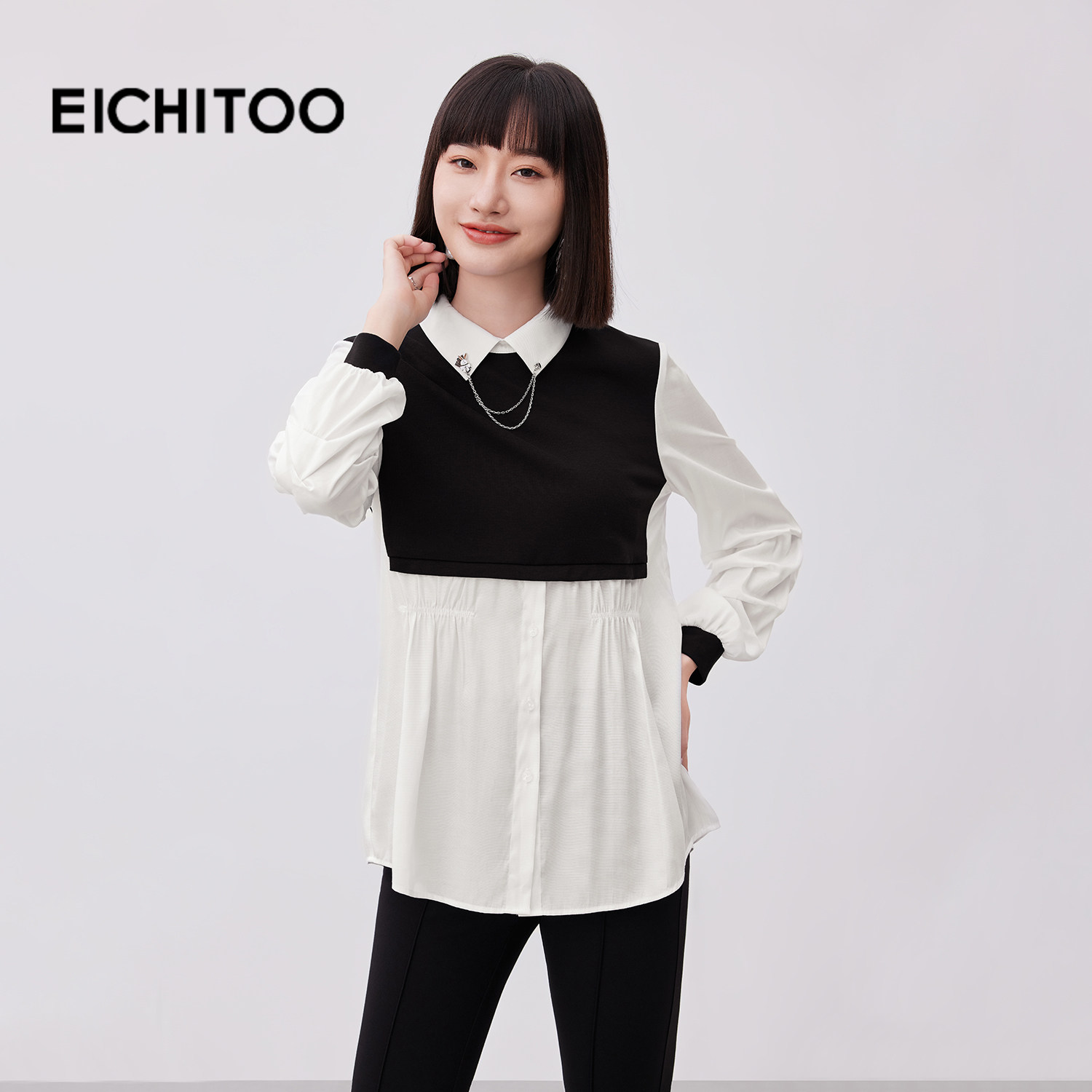 爱居兔经典黑白撞色衬衫2026年春季新款女翻领雪纺衫上衣