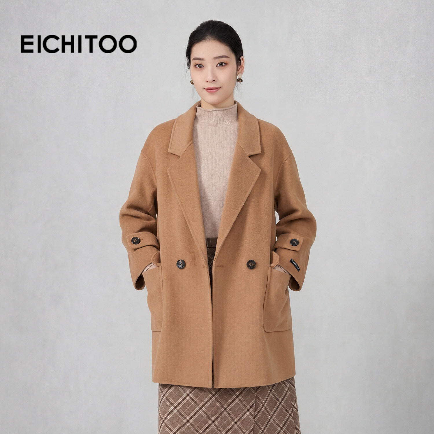 爱居兔休闲通勤双面呢大衣2025年冬季新款女绵羊毛冬毛呢外套