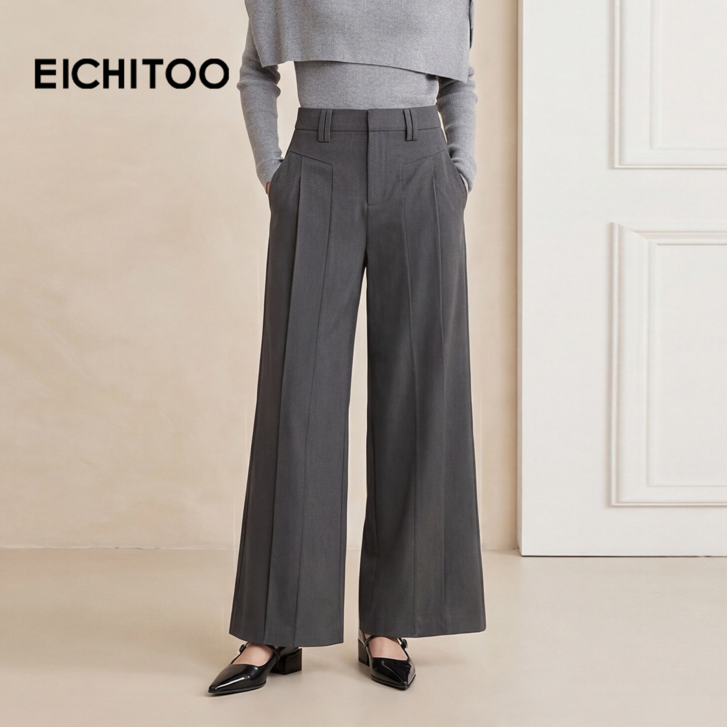 爱居兔高级灰阔腿休闲裤直筒裤女2026年春季新款时尚气质通勤长裤