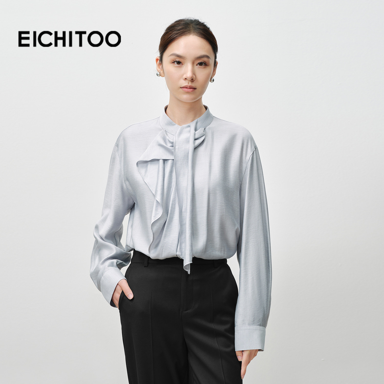 爱居兔含羊毛通勤飘带衬衫女2025年秋季新款淡雅气质长袖雪纺衫