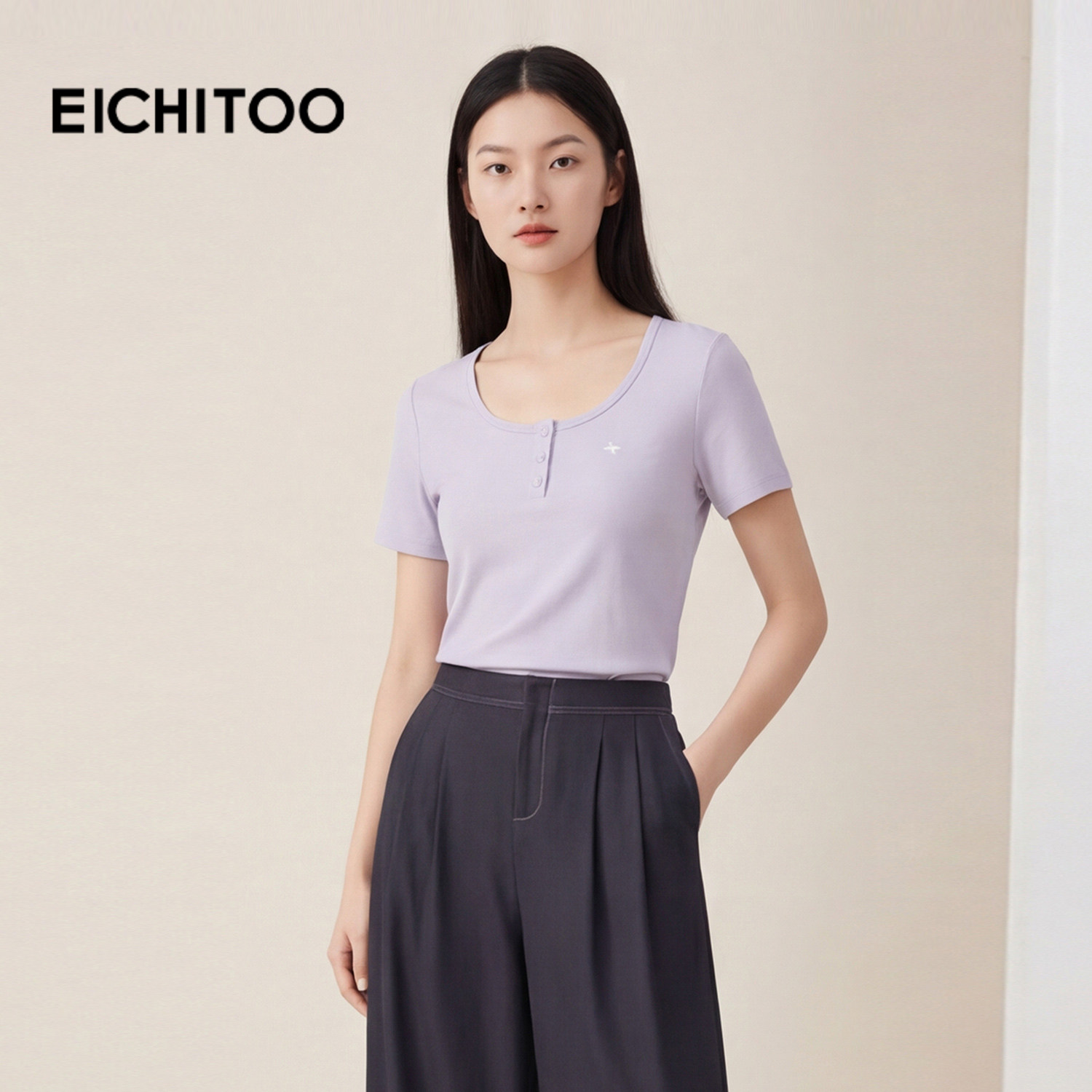 爱居兔弹力修身简约T恤2026年夏季新款女紫色温柔舒适柔软短袖