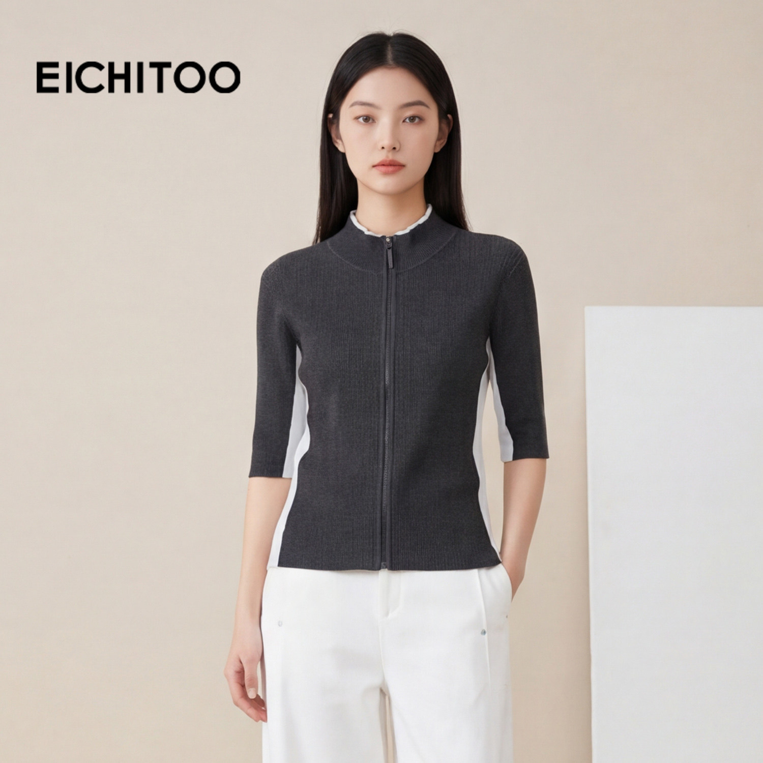 爱居兔运动风撞色立领中袖拉链针织开衫女2026年春季新款修身毛衣