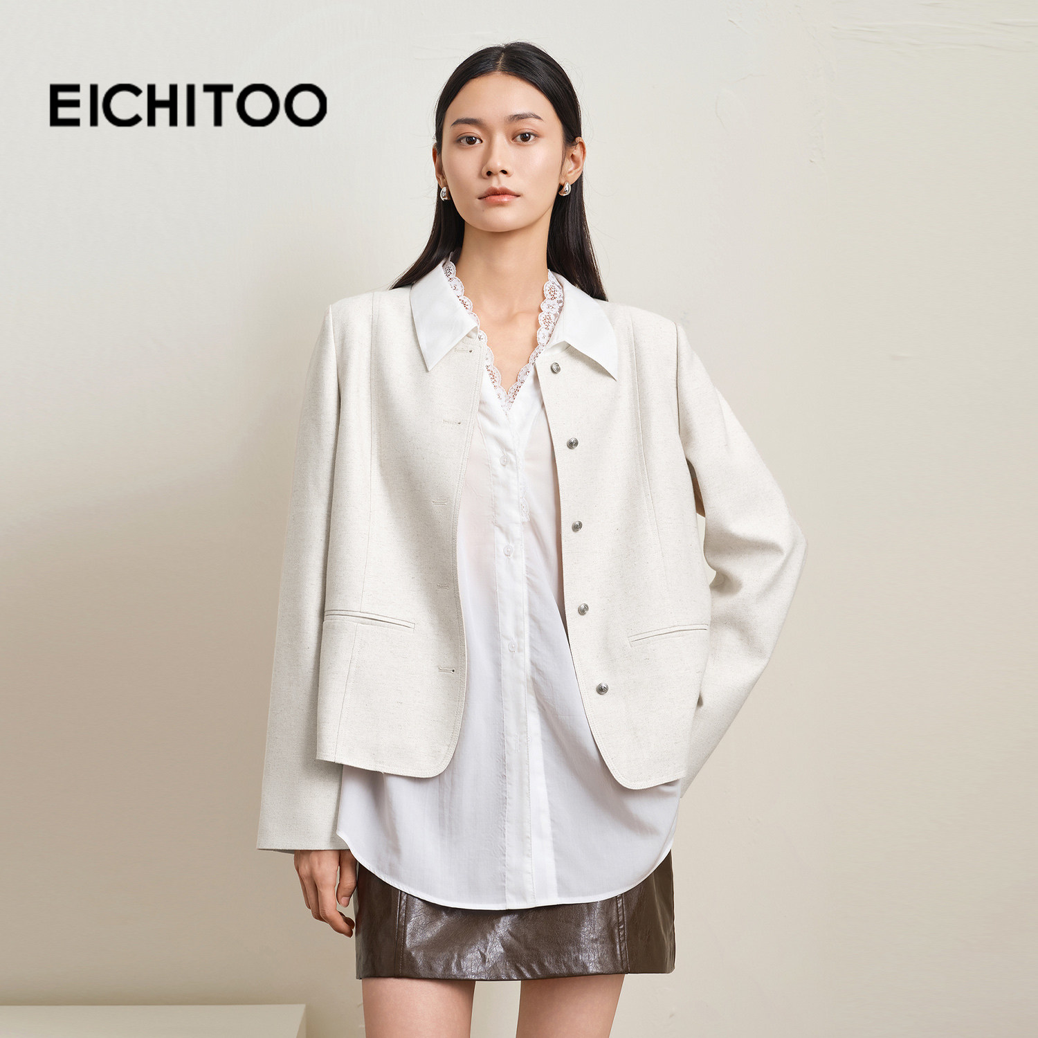 爱居兔亚麻米白色小香风外套女2025年秋季新款通勤简约小个子上衣