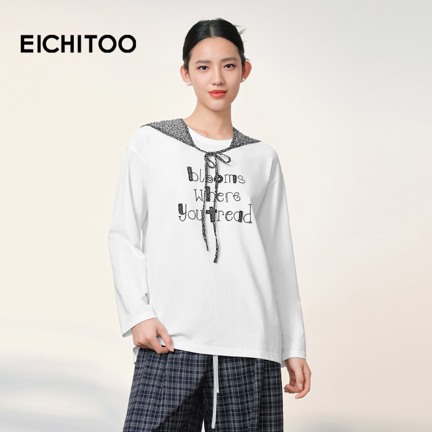 爱居兔卡通字母绣花纯棉T恤女2026年春季新款搭三角巾休闲上衣