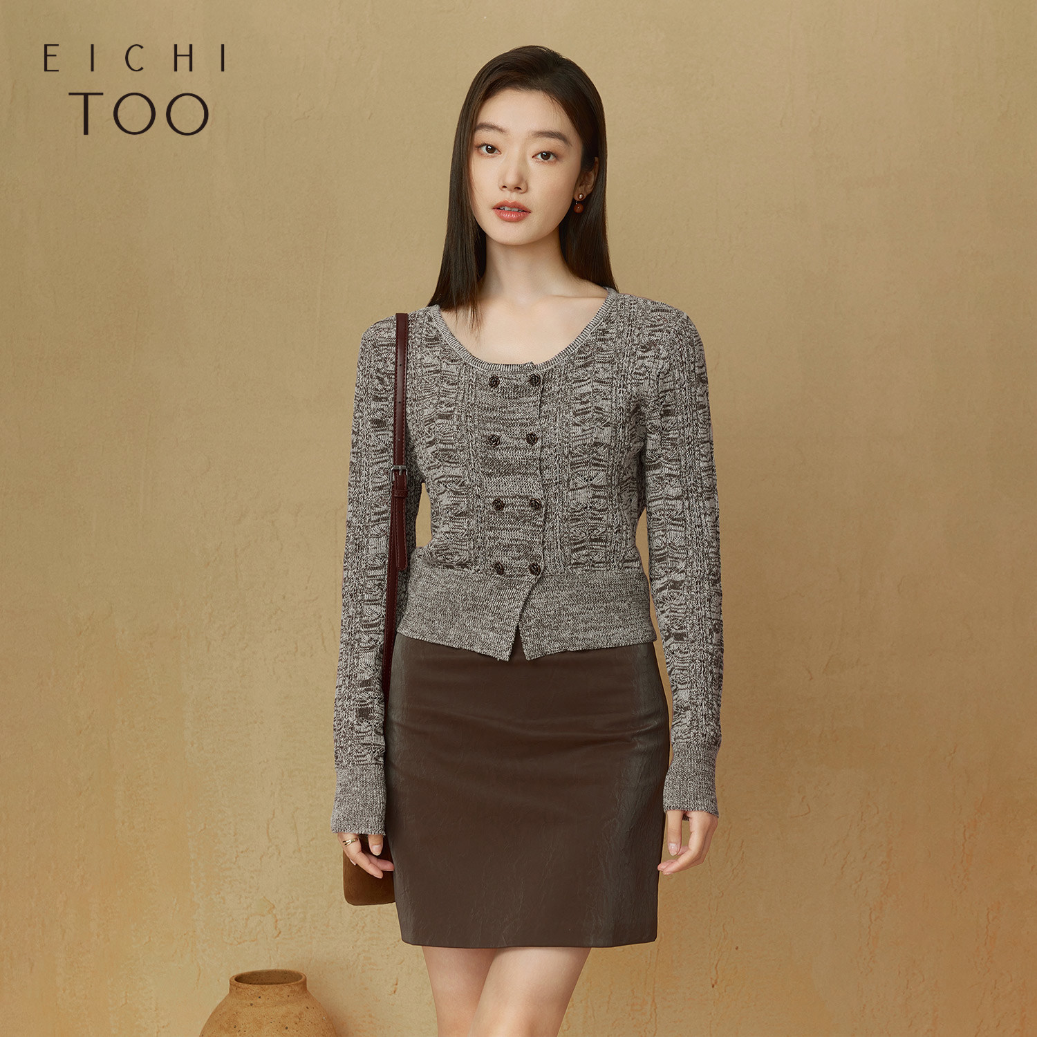 爱居兔双排扣针织开衫女春秋新款复古时尚外套上衣