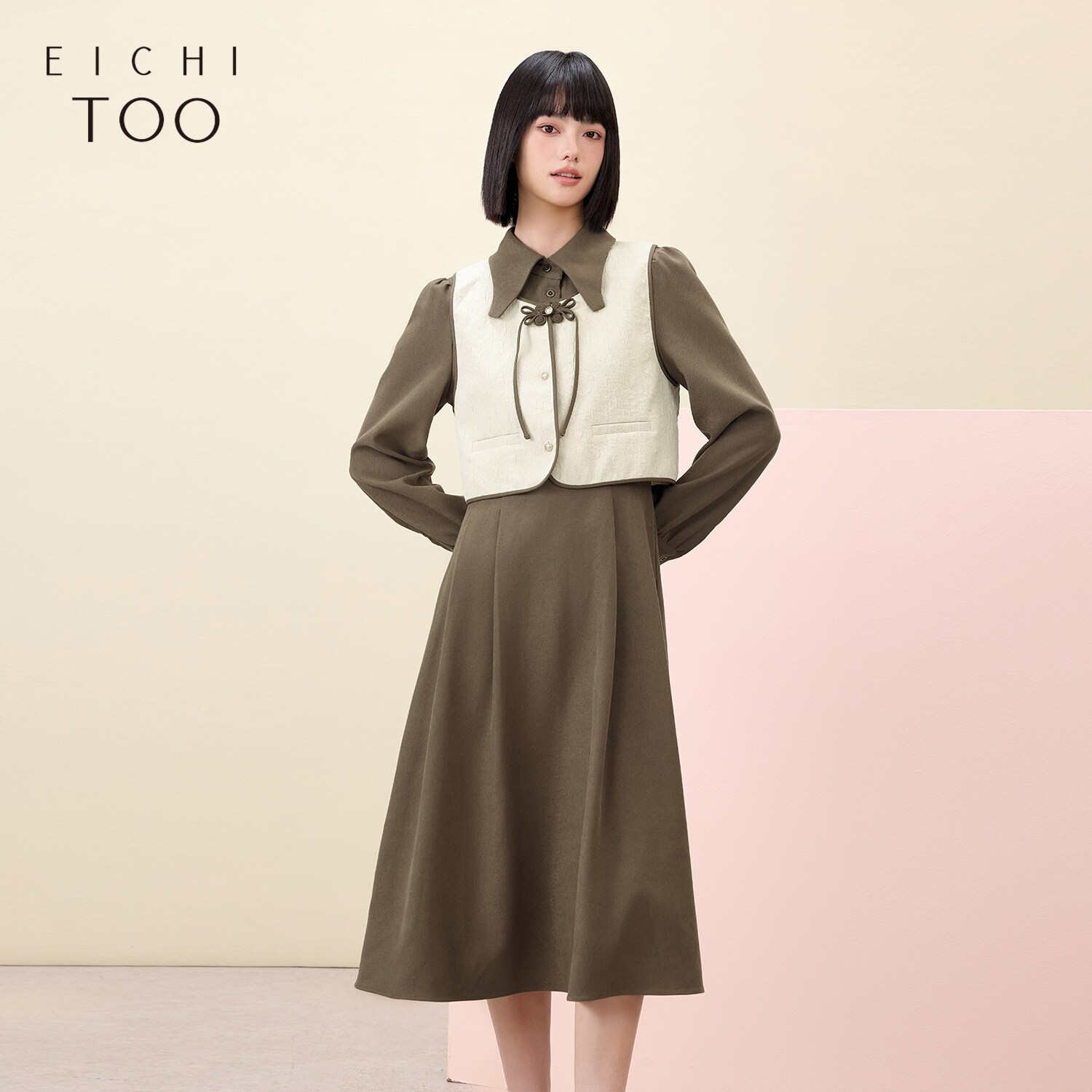 爱居兔国风两件式连衣裙女冬季新款马甲长袖连衣裙套装