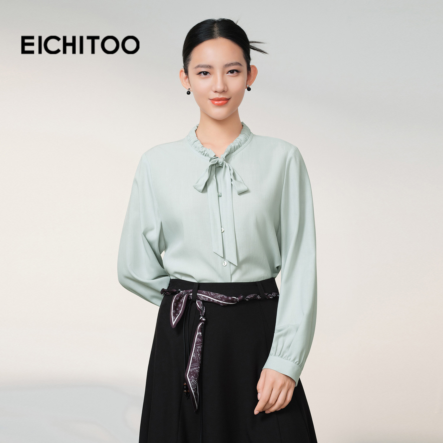 爱居兔含莱赛清新素雅系带领衬衫女2026年春季新款气质长袖上衣