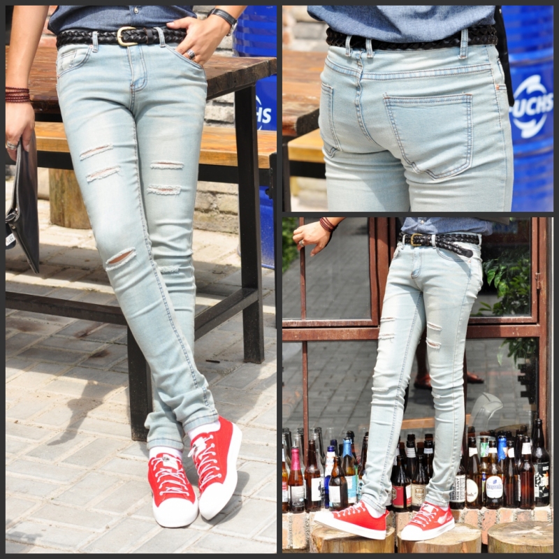 South Korea's new ripped light blue jeans men's casual fashion pants low-waist high-elastic tight-fitting pants