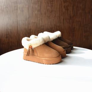 加厚保暖厚底女棉靴 小流苏棉鞋 门店609 牛反绒真皮雪地靴2025冬季
