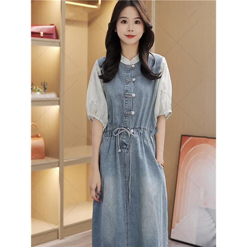 假两件牛仔连衣裙女夏季中长裙子