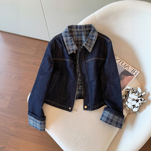 休闲上衣 小个子短款 韩系水洗复古格纹翻领牛仔外套女秋季 宽松开衫