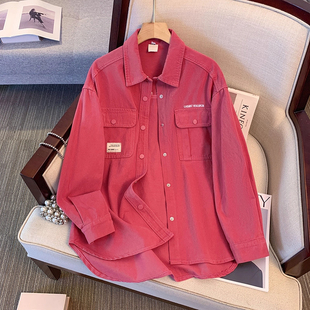 梅粉色牛仔衬衫外套女春秋2025新款宽松韩版中长款高级感夹克上衣