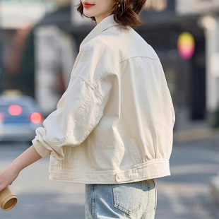 爆款 2025新款 独特超好看小个子宽松牛仔夹克 外套女秋季 米白色短款