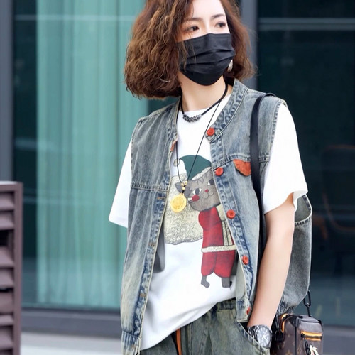刺绣宽松牛仔马夹外套女无袖上衣