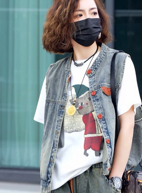 复古水洗拼色牛仔马夹外套女