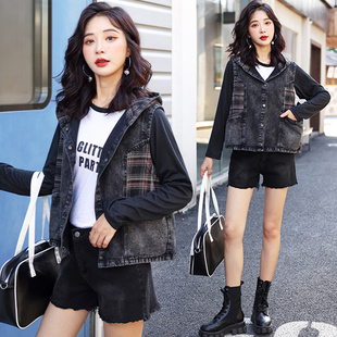 牛仔马甲2026春季新款上衣大码宽松连帽坎肩背心遮肚子显瘦外套女