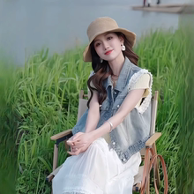韩系蕾丝拼接短款牛仔外套女2025夏季新款高级感时髦洋气外搭马甲