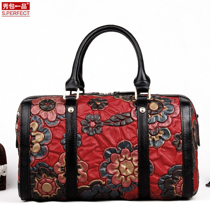 秀包一品波士顿真皮女包彩色复古手提包女大包潮旗袍包名媛单肩包