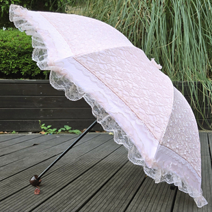 太阳伞防晒防紫外线双层蕾丝花边黑胶三折刺绣晴雨伞折叠洋伞女士