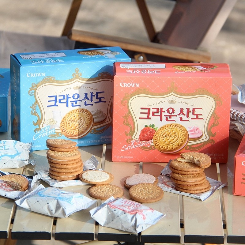韩国进口CROWN克丽安夹心饼干三多草莓奶油味下午茶点心小零食